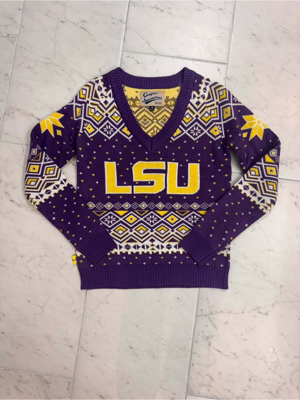LSU Purple & Gold V-Neck UGLY Sweater - Collegiate Knit MINT 🐅💜💛women’s Small